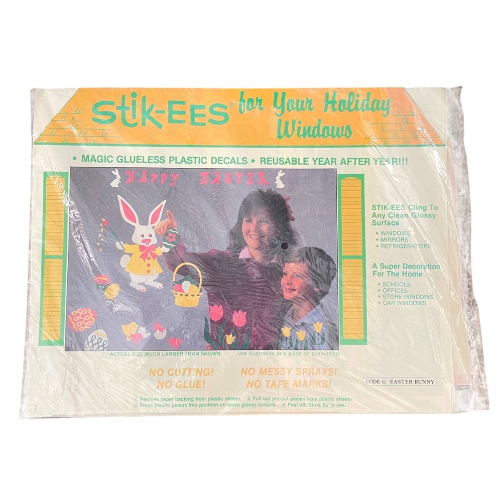Vtg Stik-ees Window Clings Easter bunny code g 90s Teacher School spring tulip